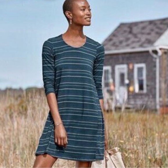 Garnet Hill Dresses & Skirts - Garnet Hill Womens Shirt Dress Teal Blue Large Striped Stretch Long Sleeve